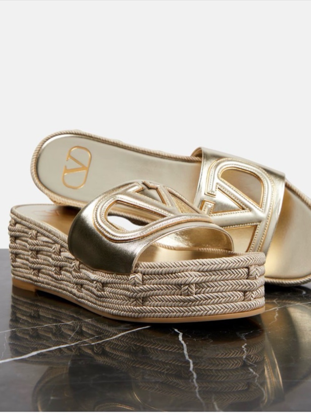 Valentino Garavani Metallic Gold Logo Slide Sandals size 38